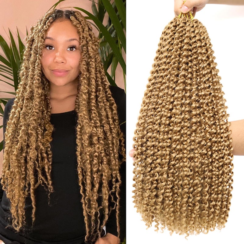 Dorsanee Honey Blonde Passion Twist Hair 18 Inch 7 Packs Water Wave Crochet Hair Long Bohemian Curly Braiding Hair for Butterfly Locs Faux Locs Boho Style Spring Twist Crochet Braids 27